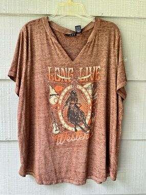 Joei & I "Long Live Western"  Cowgirl Graphic Embelushed V-neck Shirt ~ 2X